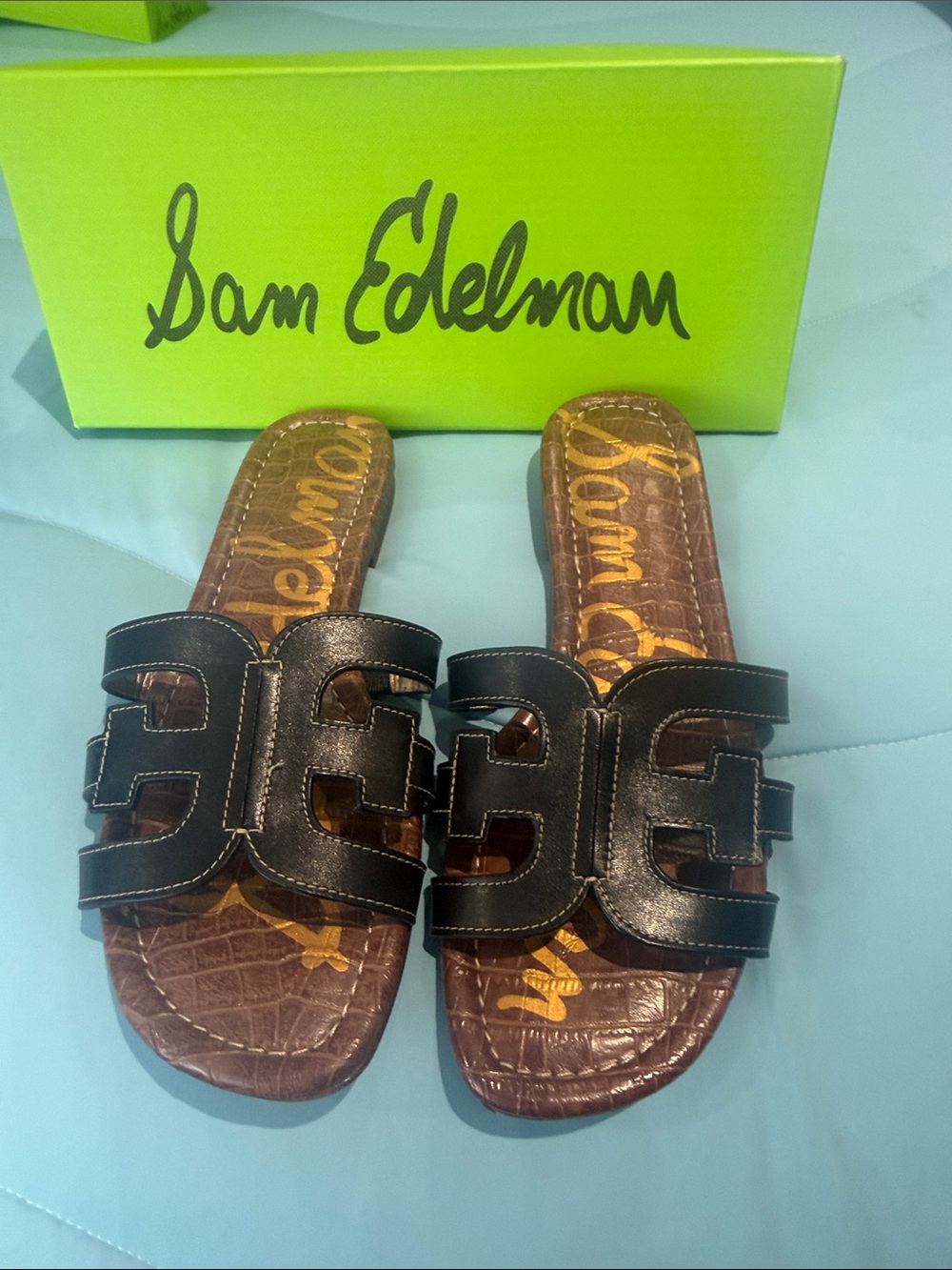 Sam Edelman Black Leather Cutout Slide Sandals with Brown Footbed